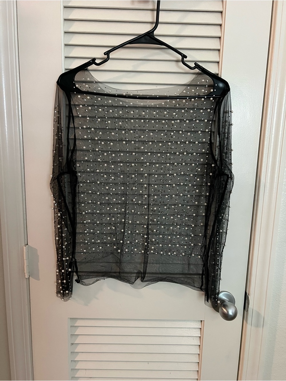 Sheer Black Pearl-Embellished Long Sleeve Top